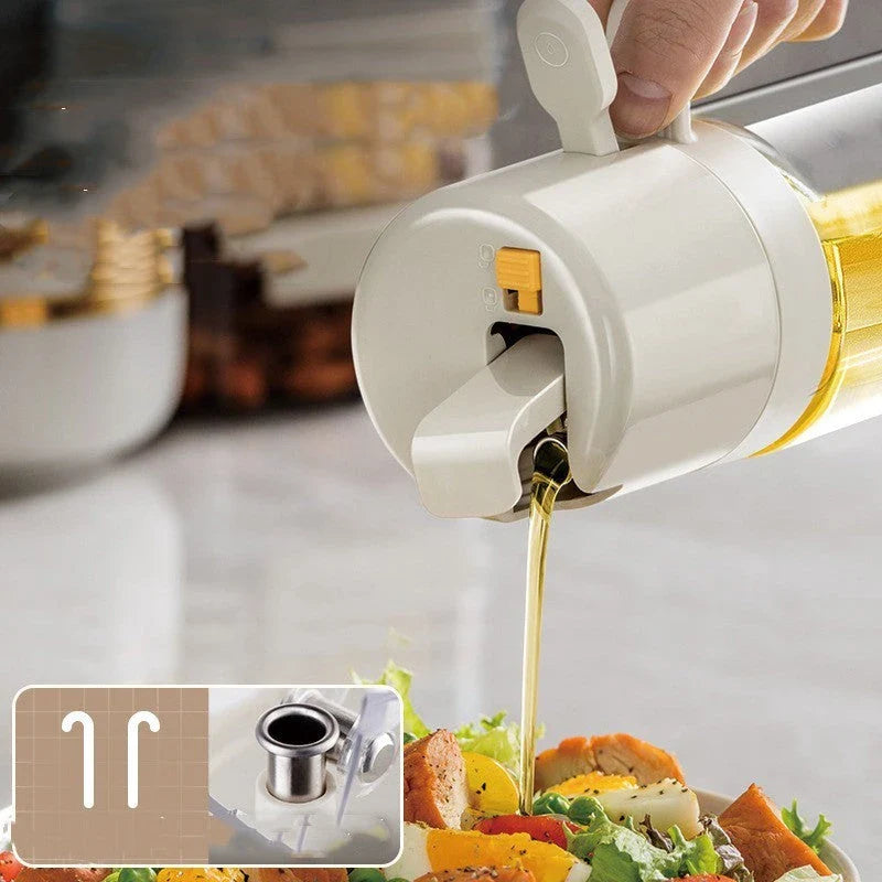 Versatile 2-in-1 Oil Sprayer Bottle with automatic opening, dual pouring and spraying modes, and easy cleaning design