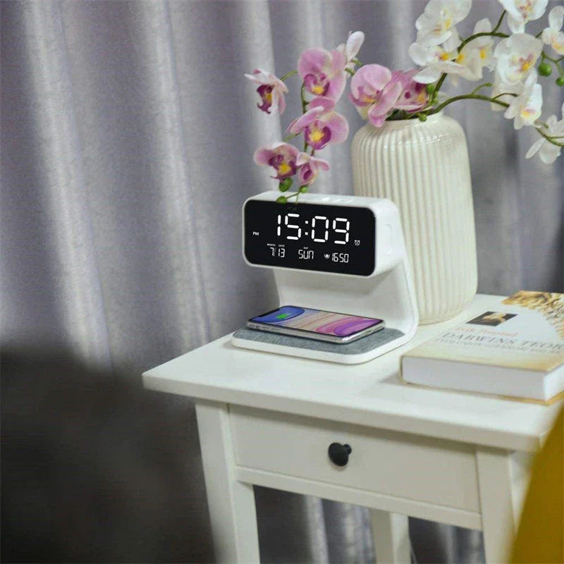 3-in-1 Wireless Charging Bedside Lamp with Adjustable LED Lighting, Alarm Clock, and Wireless Charging Pad