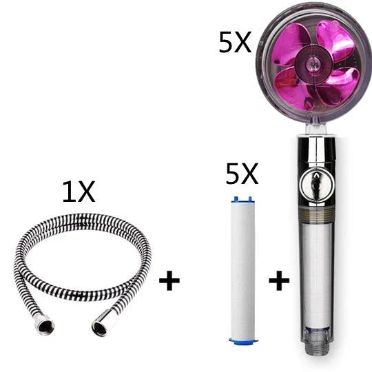 A high-pressure shower head with a stop button, cotton filter, and powerful water pressure for a luxurious bathing experience.