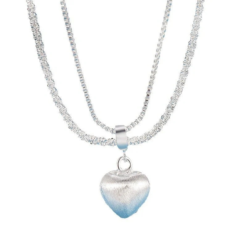 Double layer brushed heart pendant necklace with water wave chain for women
