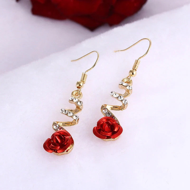 Ethnic Red Rose Drop Earrings with rhinestones for women, golden color, elegant design