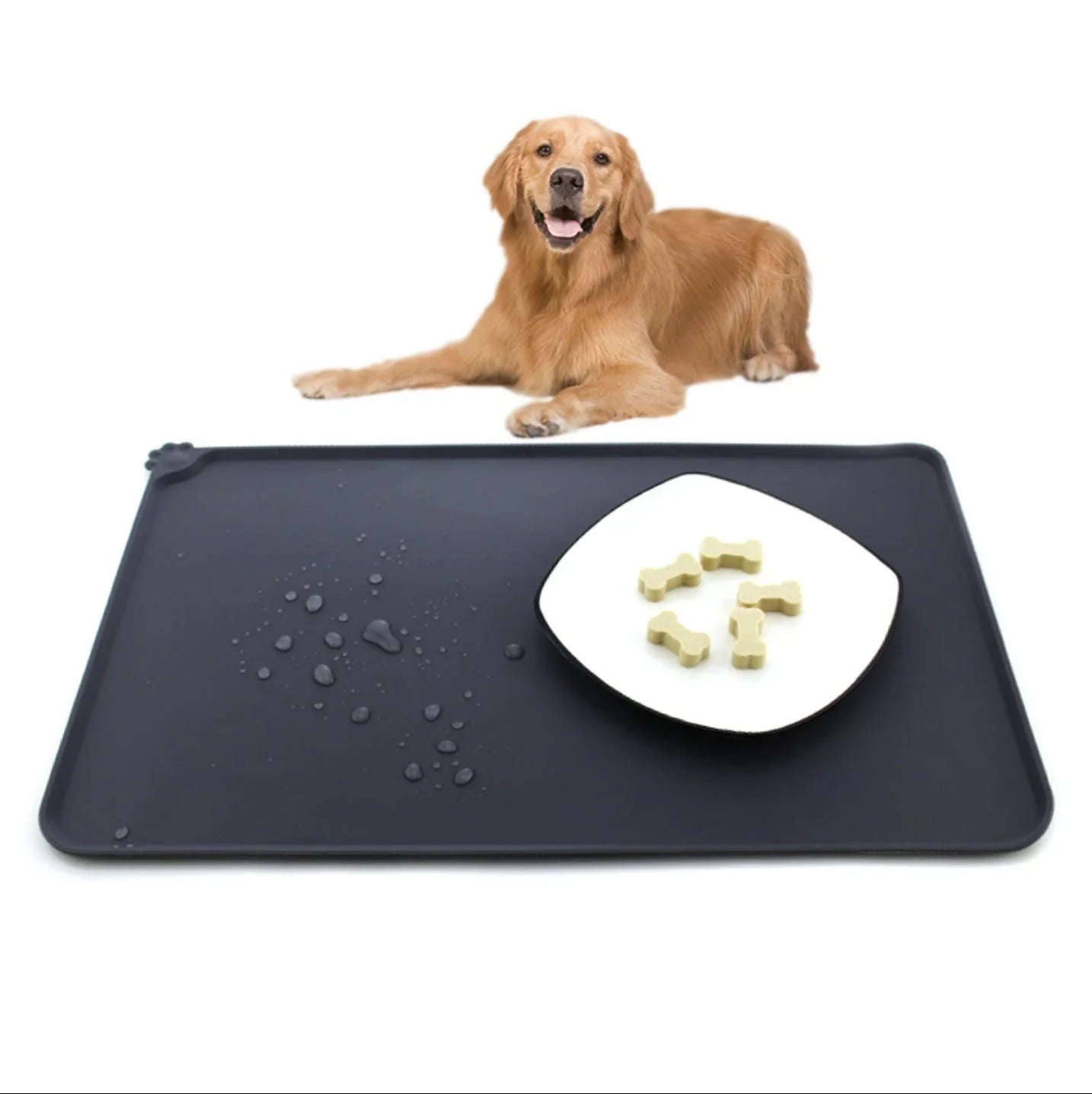 Spill-proof pet food mat made of durable silicone with non-slip base and raised edges to prevent messes