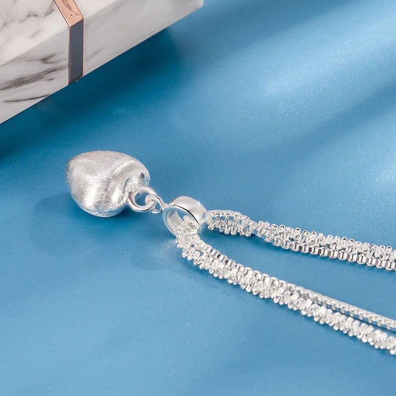 Double layer brushed heart pendant necklace with water wave chain for women