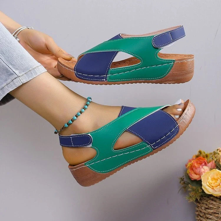 Stylish wedge sandals with a colourful cross-strap design for women's summer fashion