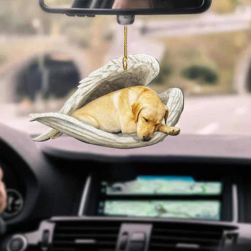 Charming sleeping dog angel acrylic car pendant decoration with a whimsical design