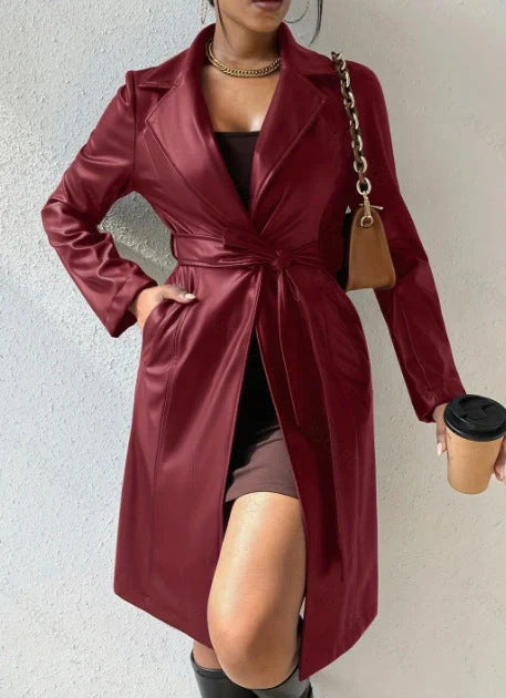 Stylish slim-fit PU leather trench coat for women in various colours, including black, brown, rose red, and wine red.