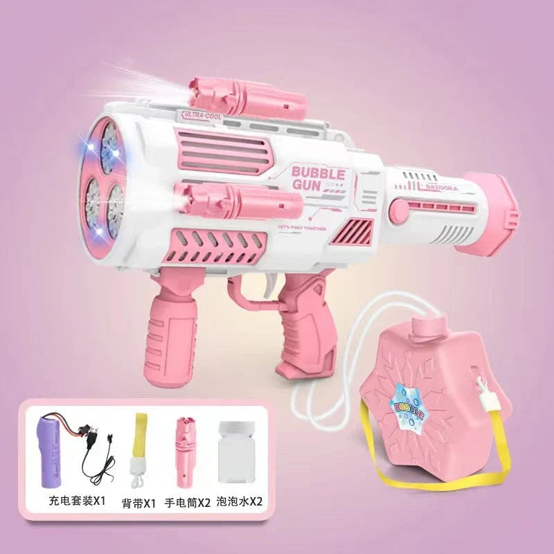 Automatic bubble blaster toy with rocket-shaped design, producing a cloud of colorful bubbles