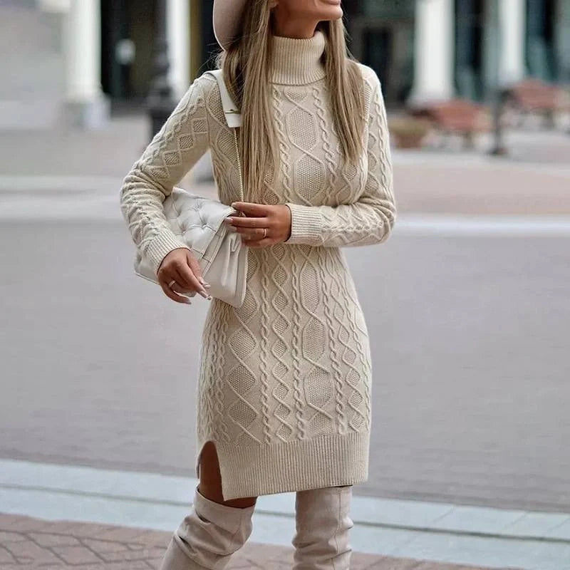 Stylish women's turtleneck knitted dress with slit design for winter warmth