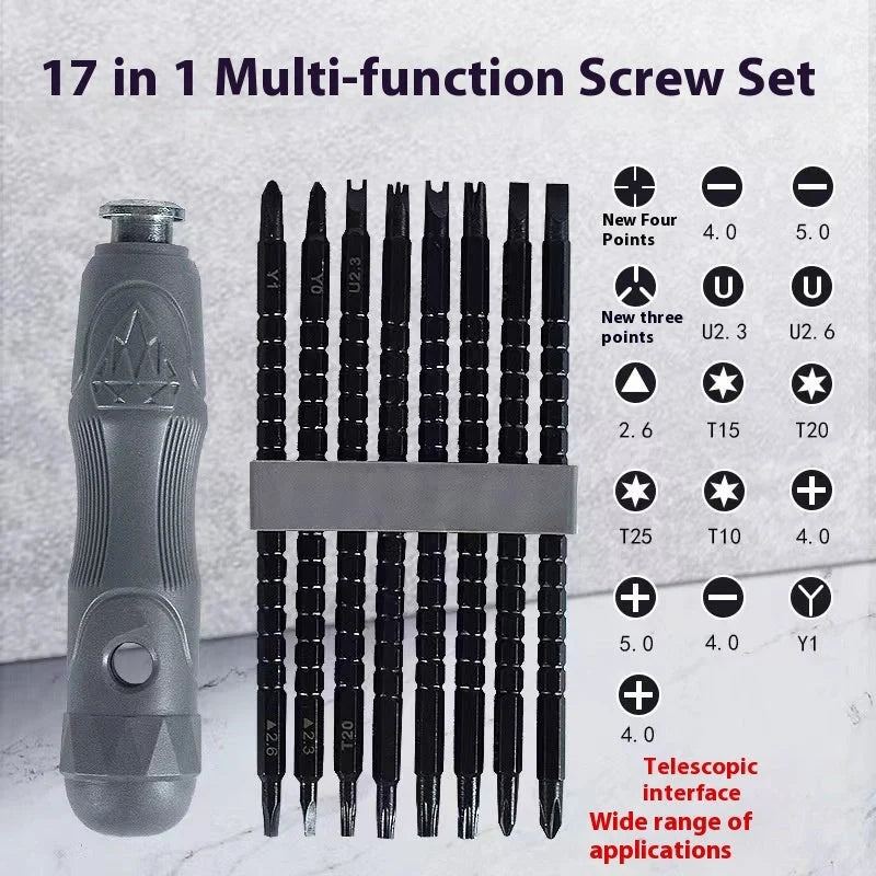 Premium 17-in-1 Magnetic Screwdriver Set, featuring chrome vanadium steel construction and a range of precision heads for diverse applications.