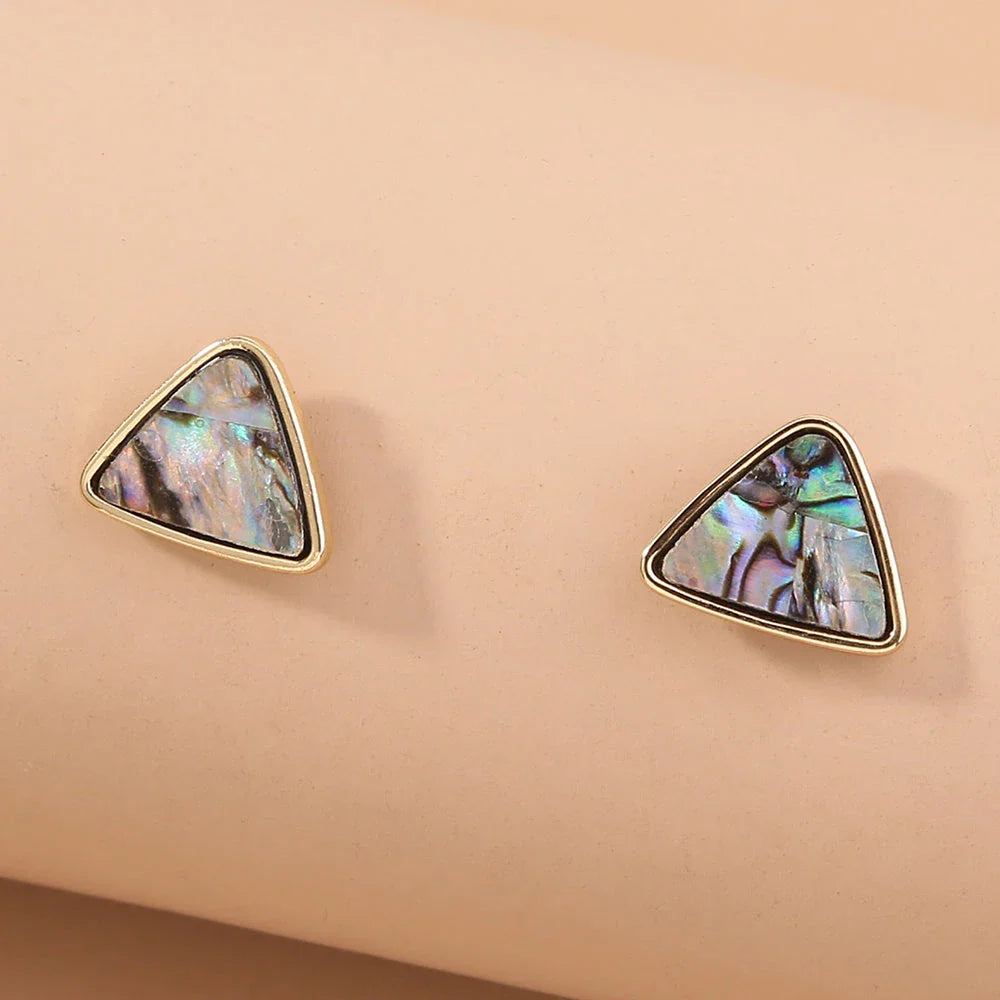 Triangular Abalone Shell Stud Earrings with Iridescent Patterns and Modern Design