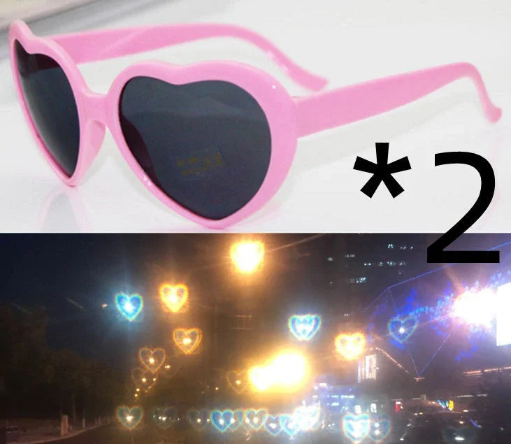 Stylish heart-shaped sunglasses with unique lens design that transforms light into enchanting special effects