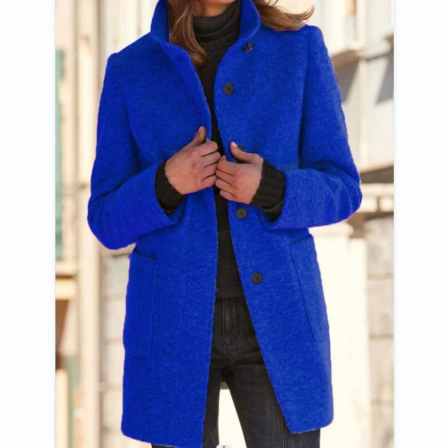 Fashionable wool coat with stand collar and pockets for women's fall/winter outerwear