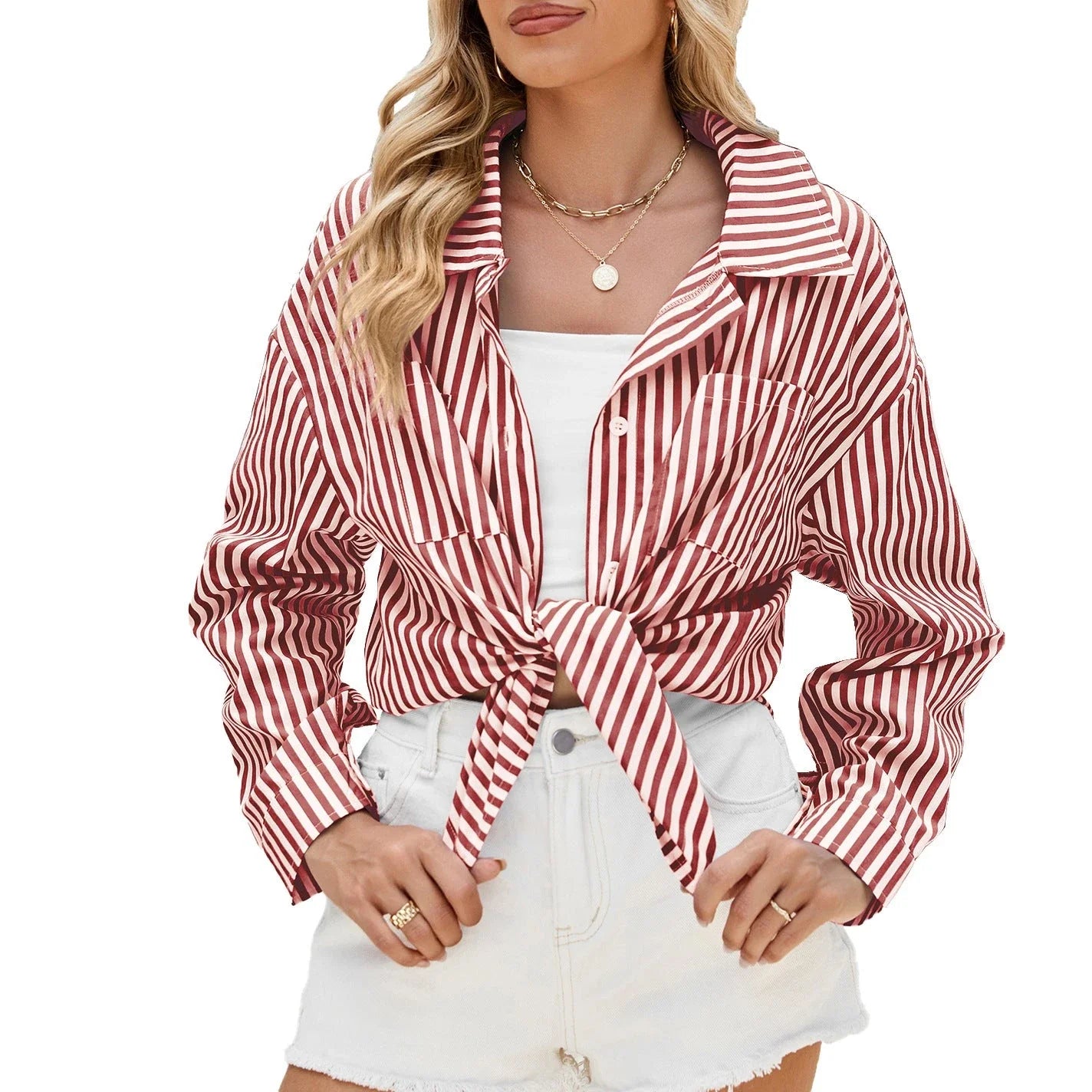 Striped long sleeve shirt with pockets for women, available in various color options and sizes