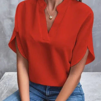 Women's summer short-sleeved chiffon shirt with V-neck design in various colours