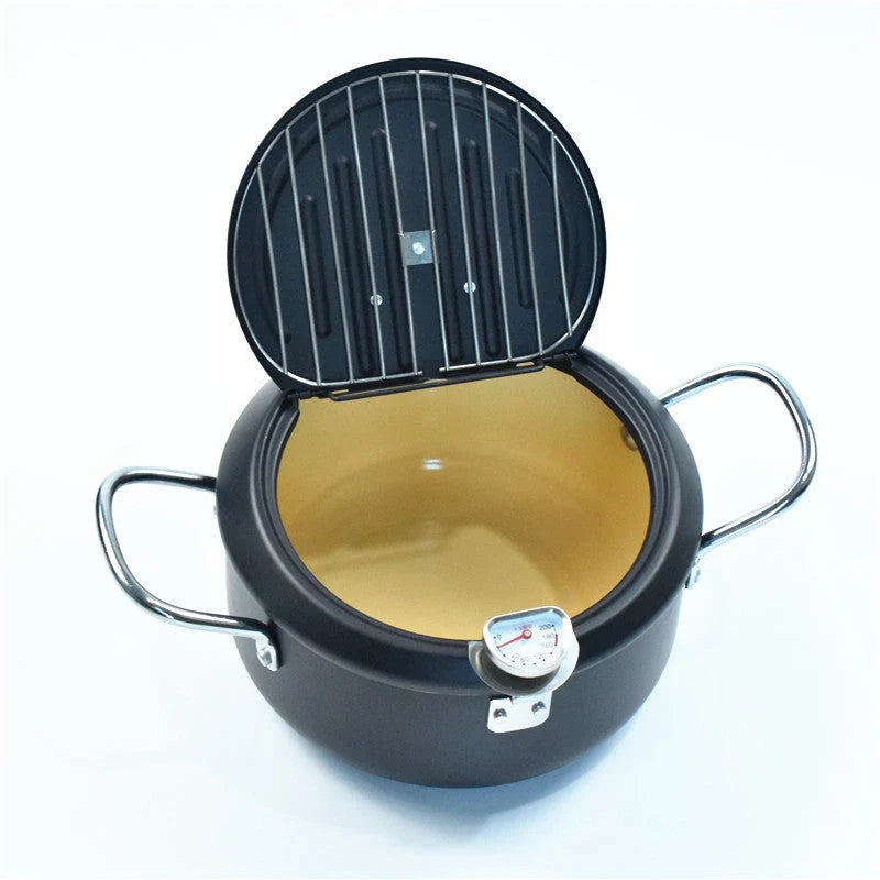Premium stainless steel folding fryer with thermometer, perfect for frying french fries and other crispy dishes