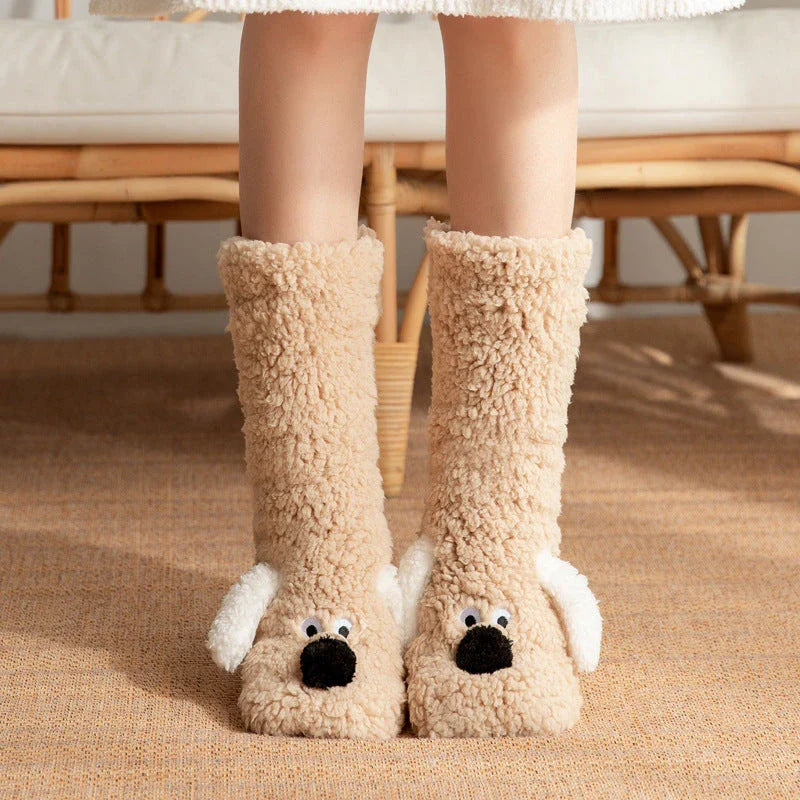 Cozy cartoon dog-patterned floor socks in various colors for comfortable winter wear