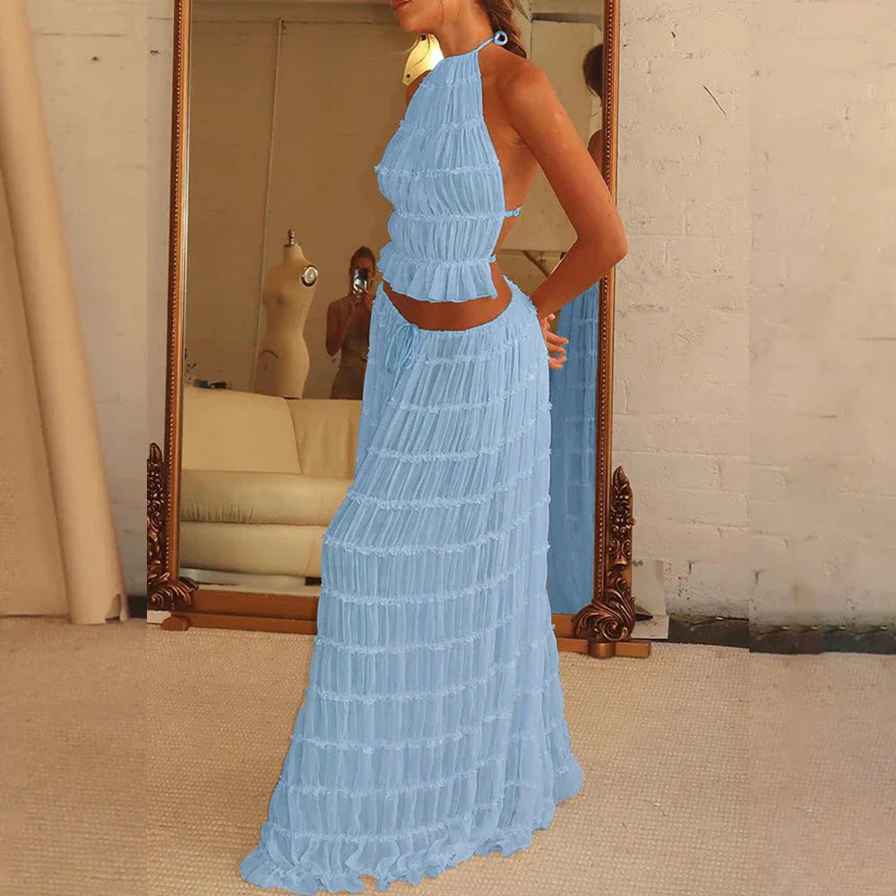 Chic sleeveless backless cropped halter top and pleated maxi dress set in various colors