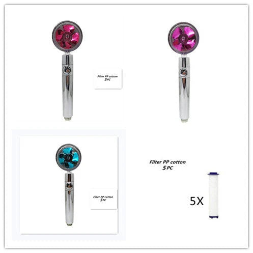 A high-pressure shower head with a stop button, cotton filter, and powerful water pressure for a luxurious bathing experience.