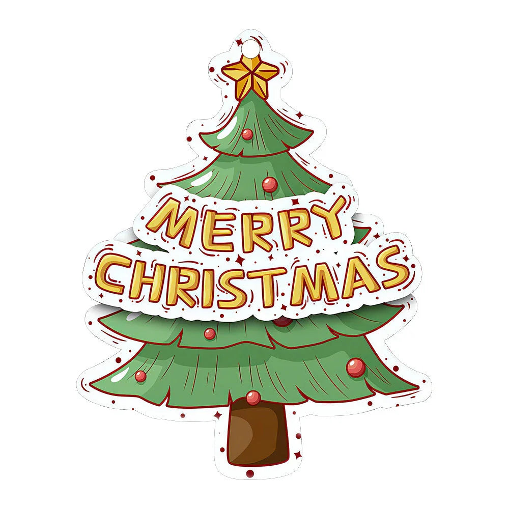 Festive car ornament hanging from rearview mirror with Christmas designs