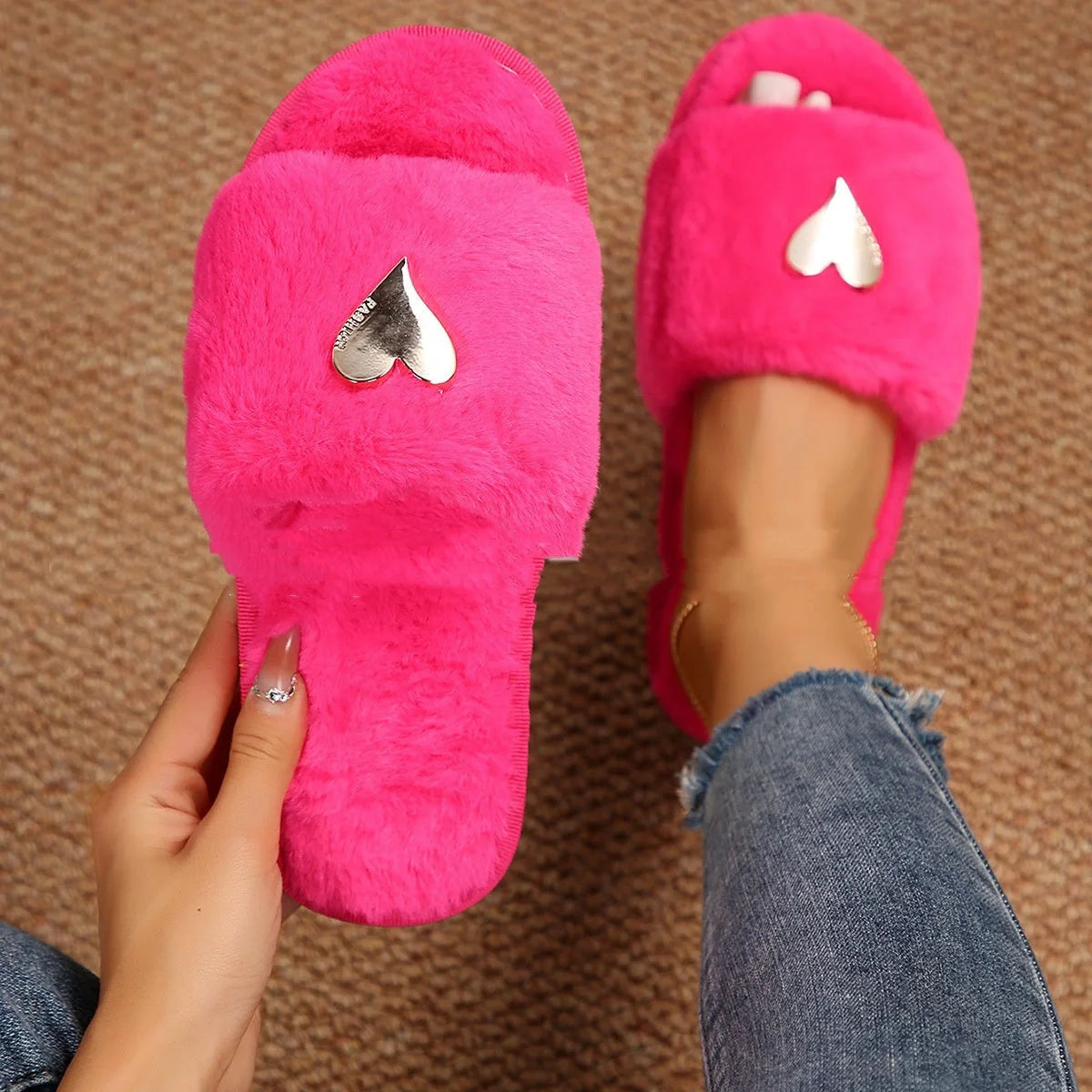 Cosy faux fur slippers in various colours for comfortable indoor wear