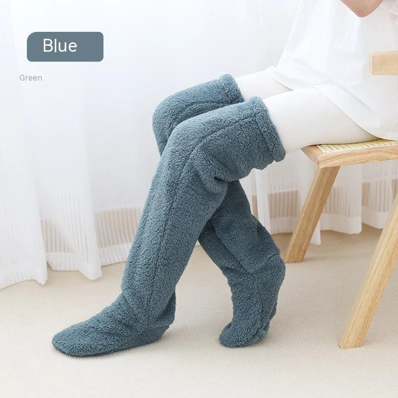Cozy over-the-knee fuzzy socks in various colors, including brown, blue, dark gray, and pink purple