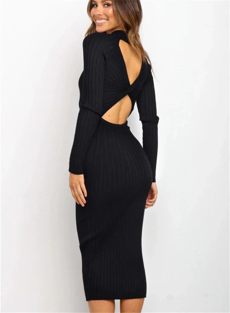Stylish women's backless bow sweater dresses in solid colors, including green, black, and pink