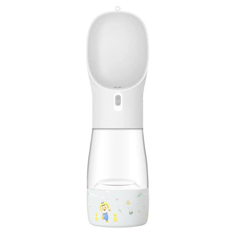 Portable pet water bottle and food bowl made of durable plastic, available in multiple colors for outdoor adventures with your furry friend.