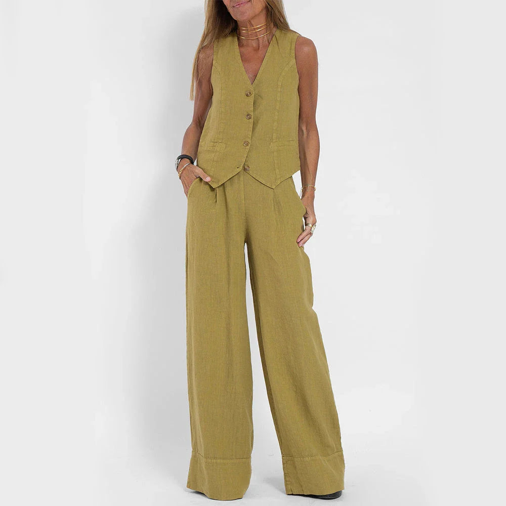 Sleeveless top and straight-leg trousers set in various colors, including apricot, olive green, black, and white.