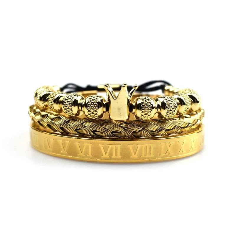 Men's stainless steel crown charm adjustable bracelet with zircon details