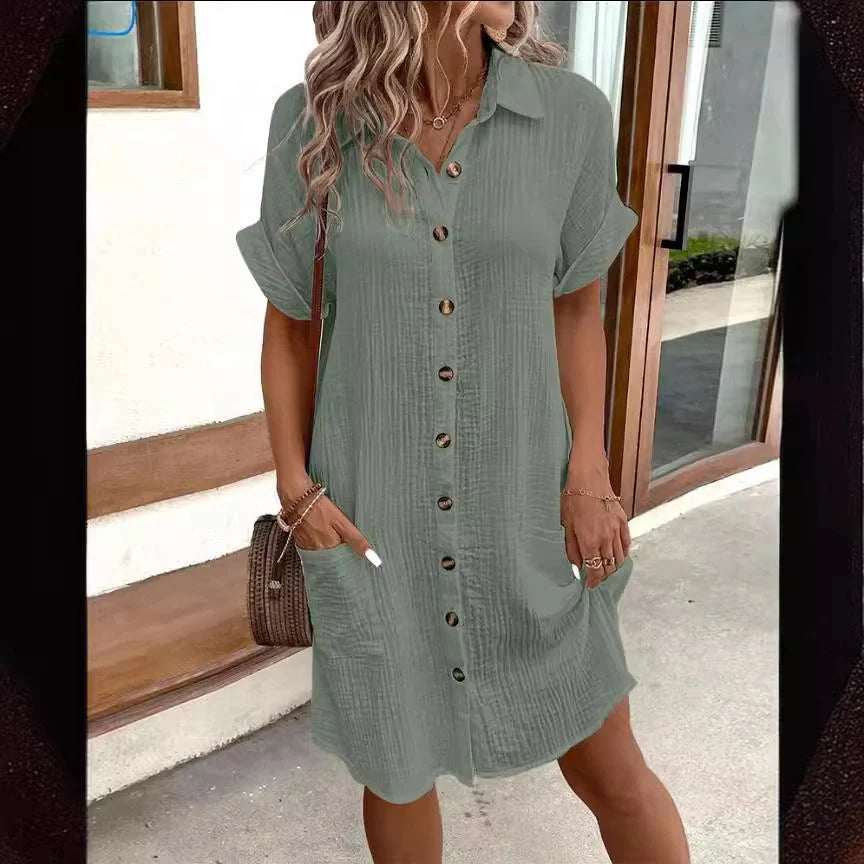 Stylish midi dress with short sleeves, made of premium polyester fabric and available in a range of colours
