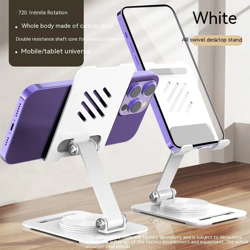 Adjustable 360-degree rotating metal desk phone and tablet stand in black, white, and silver colours