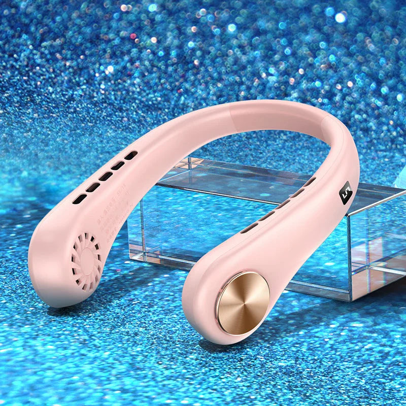 Portable bladeless neck fan with rechargeable air cooler for hands-free cooling in various colors and sizes