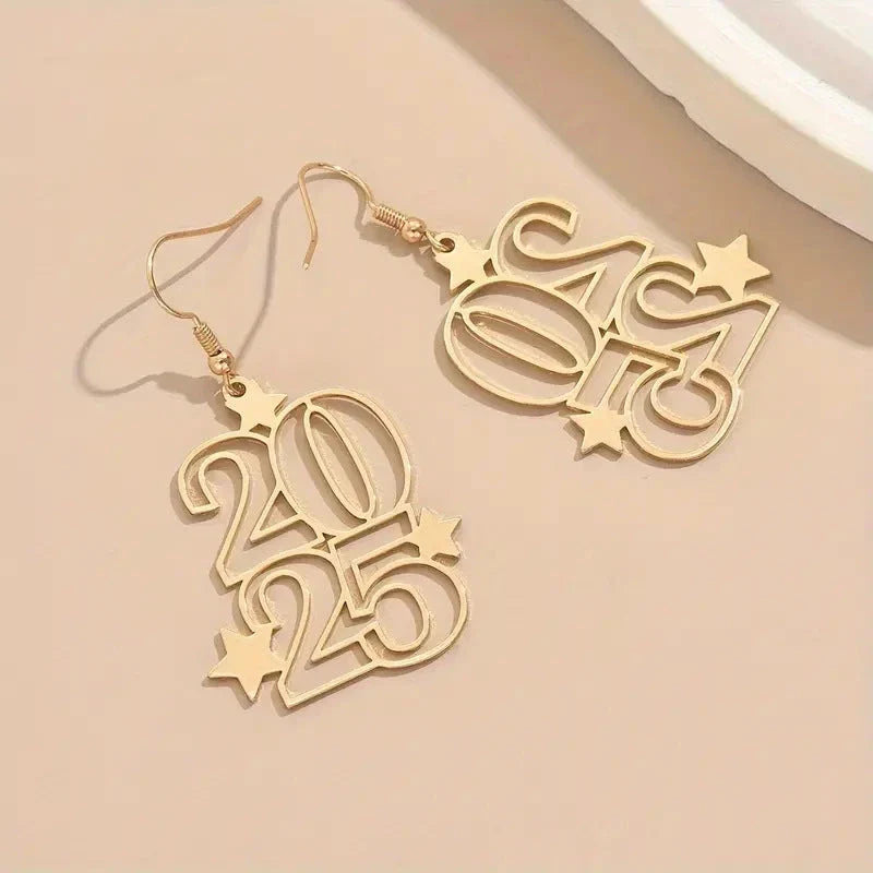 Gold-tone dangle earrings with '2025' design, ideal for New Year's Eve and other fashionable celebrations