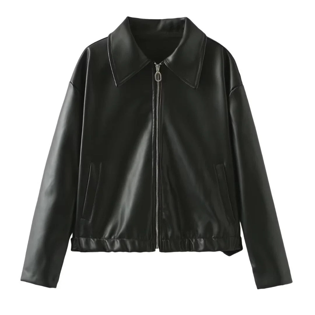 Fashionable faux leather jacket in burgundy and black colors, featuring a zipper closure and long sleeves for casual, versatile wear