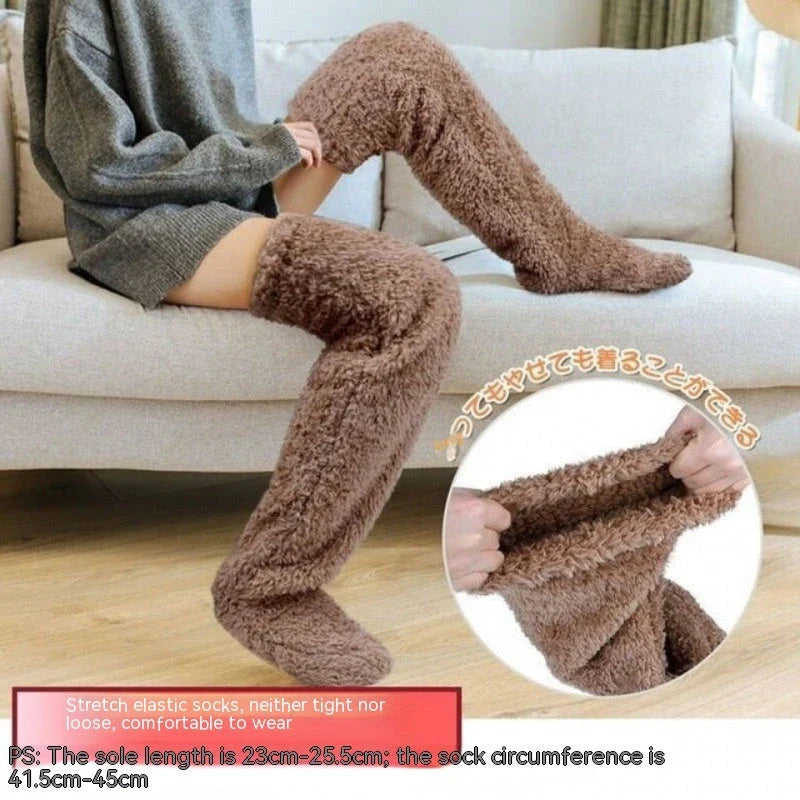 Cozy over-the-knee fuzzy socks in various colors, including brown, blue, dark gray, and pink purple