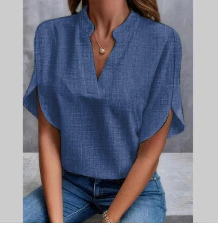 Women's summer short-sleeved chiffon shirt with V-neck design in various colours