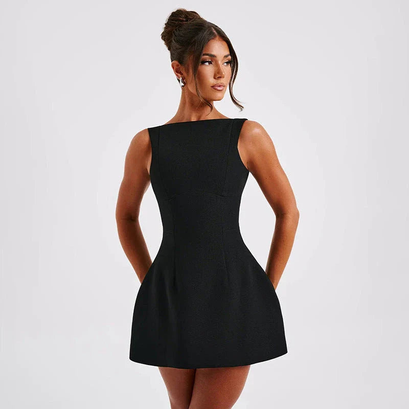 Chic backless summer dress with slim silhouette and sleeveless design, available in black, white, and red colors