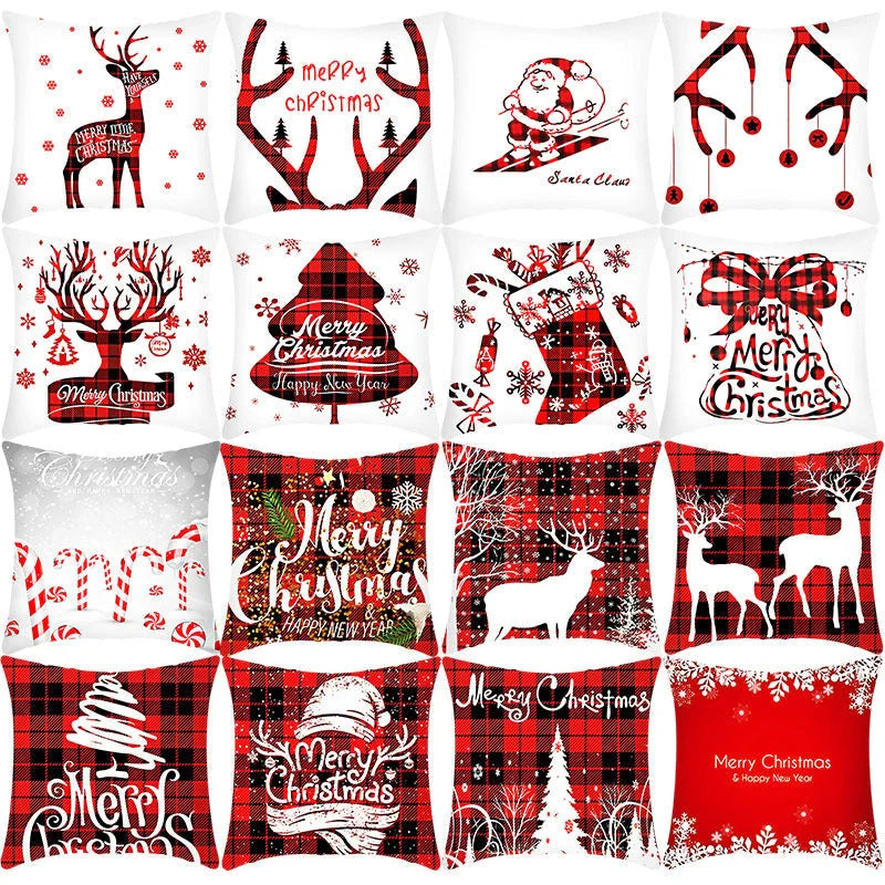 Merry Christmas cushion cover with elk and Santa Claus design in plush fabric