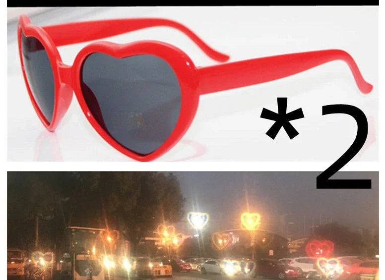 Stylish heart-shaped sunglasses with unique lens design that transforms light into enchanting special effects