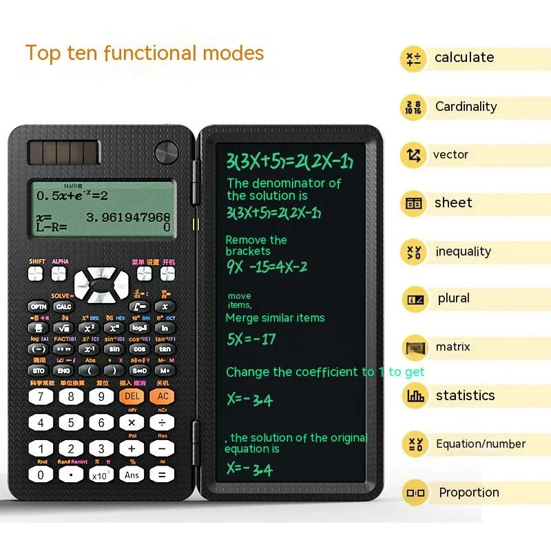 Versatile 2-in-1 scientific calculator and digital notepad with foldable design, LCD display, and intuitive button layout