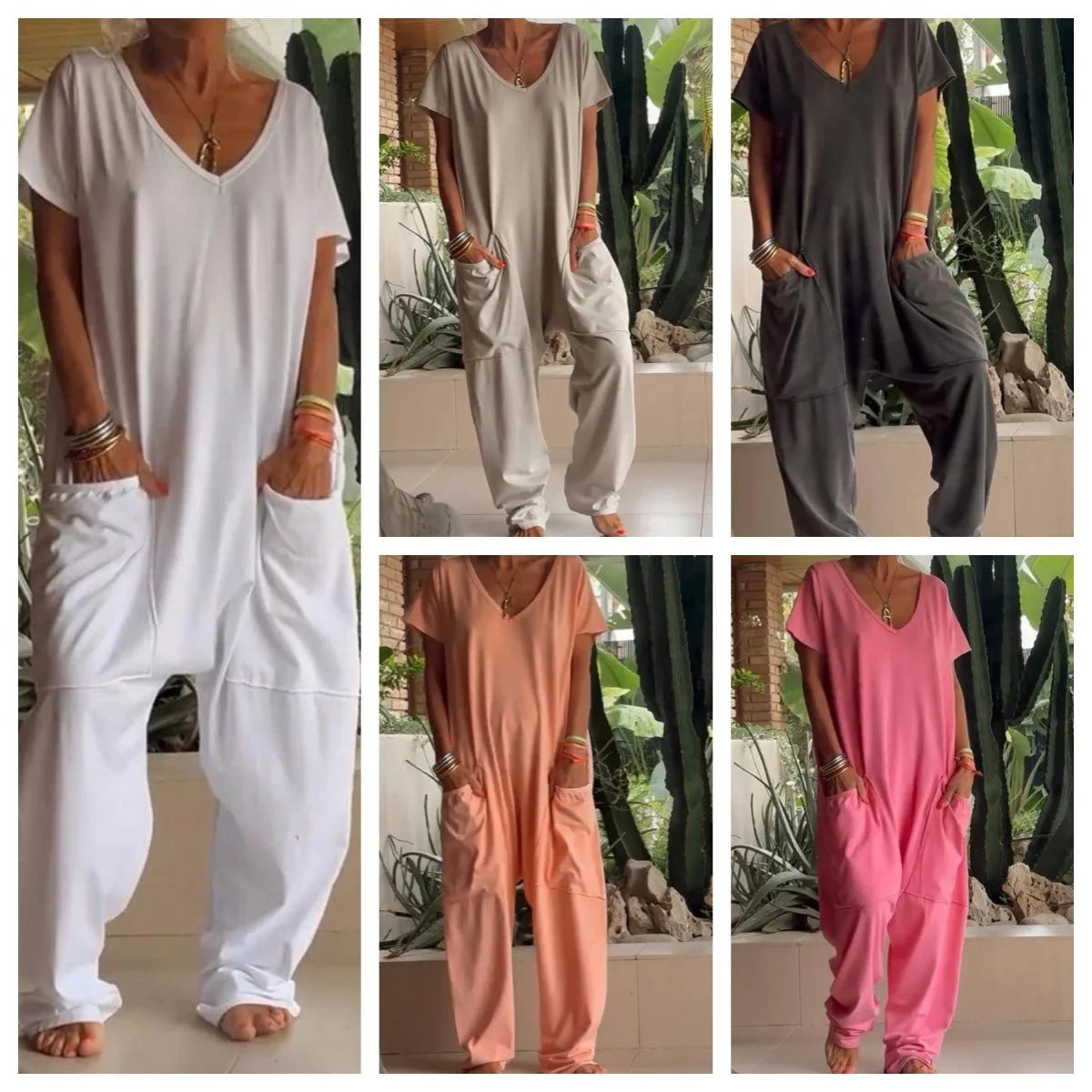 V-neck oversized pocket jumpsuit in solid colours for street fashion