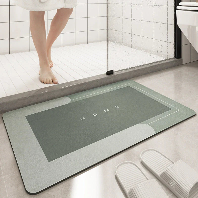 Plush, machine-woven bathroom mat with non-slip surface, available in rectangle and oval shapes in a variety of colours.