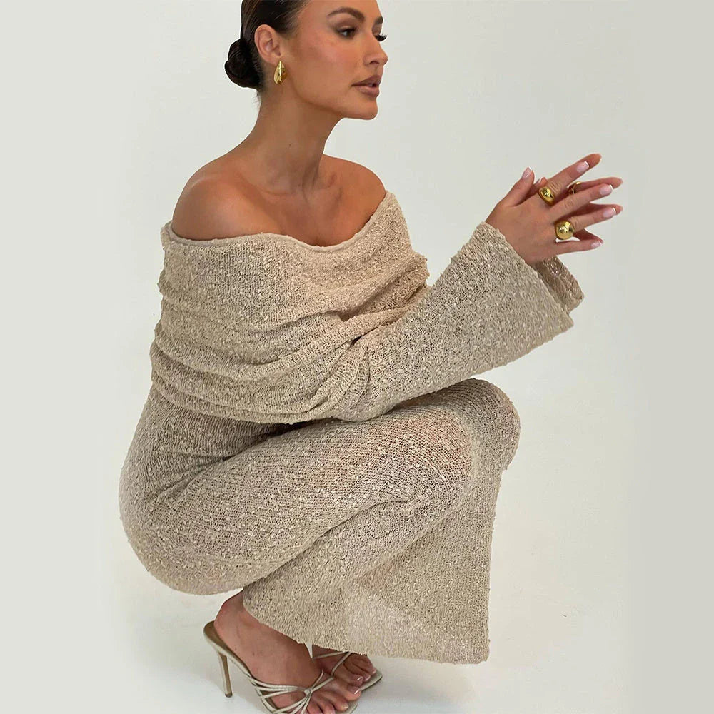 A one-shoulder knit maxi dress in various colors, perfect for beach vacations and summer events.