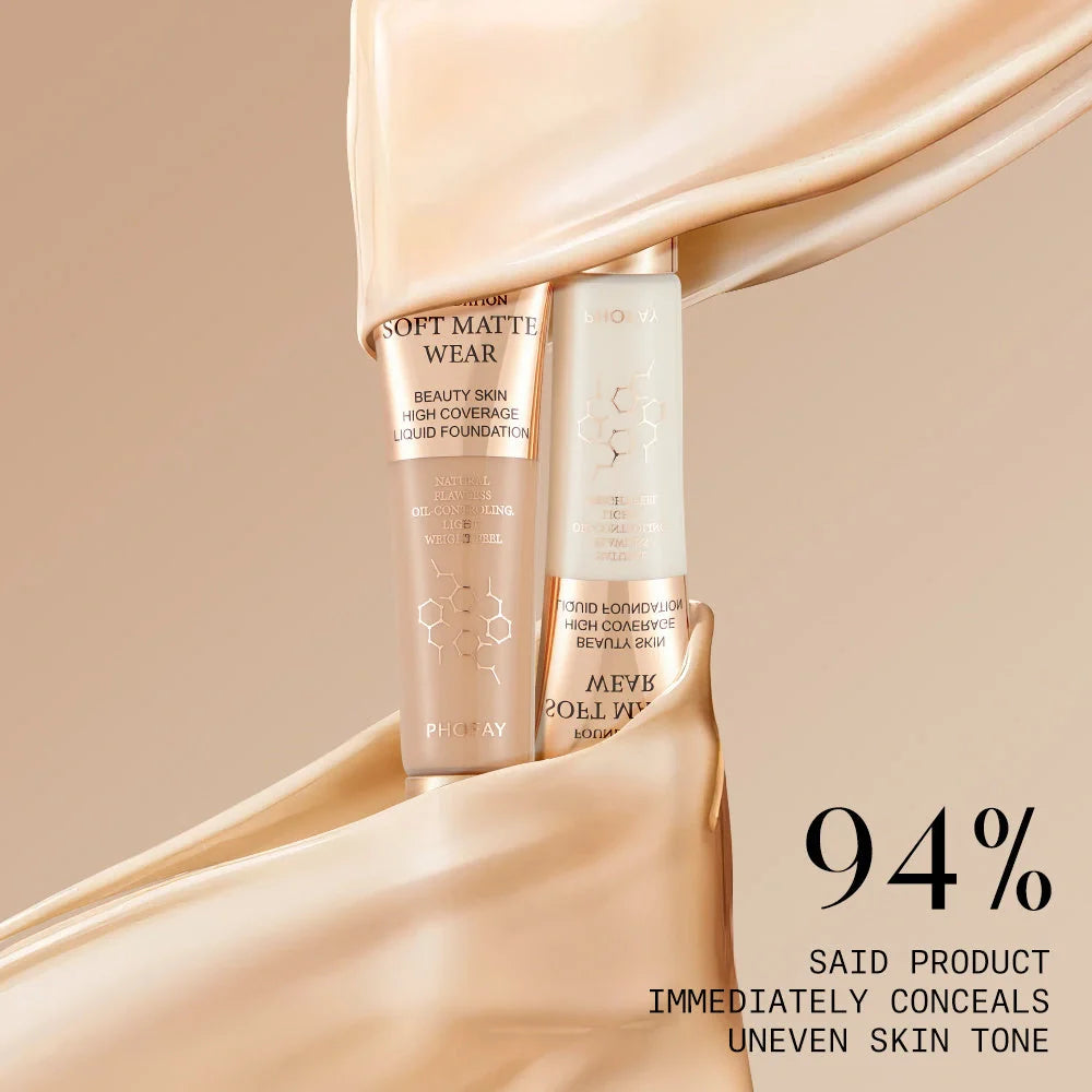PHOFAY Full Coverage Foundation in various shades, 30ml oil-controlling formula