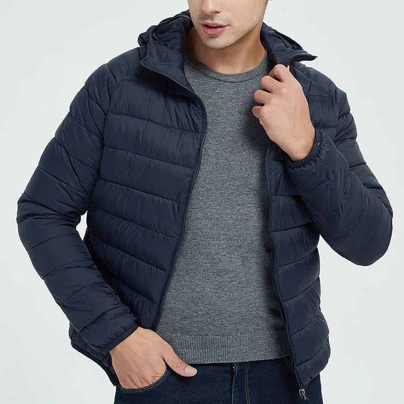 Men's insulated hooded jacket in various colors and styles with adjustable hood and zippered pockets