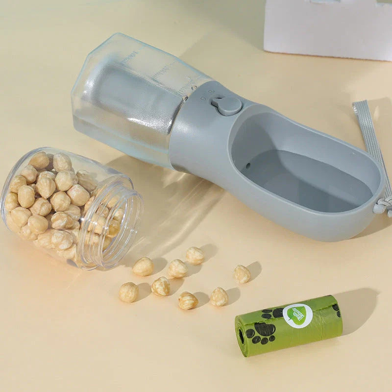 A 3-in-1 pet travel set featuring a water dispenser, food container, and waste bag holder in various color options