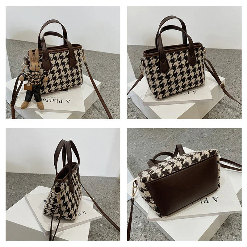 Stylish houndstooth shoulder bags in various colors, including black, coffee, and brown, with and without pendants, featuring a portable and versatile design for everyday use.