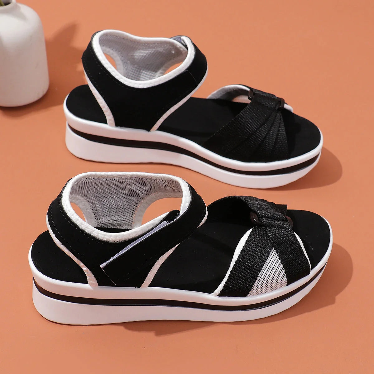 Stylish mesh cross-strap beach sandals with Velcro closure and thick, non-slip sole