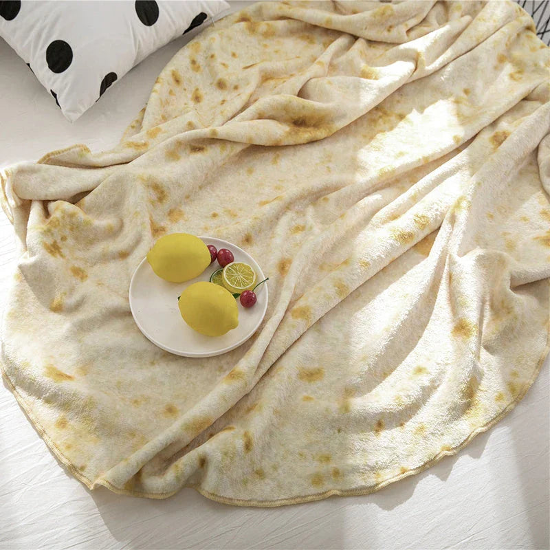 Supremely soft flannel burrito blanket in round and rectangular shapes, featuring vibrant food-themed print for cozy indoor and outdoor use