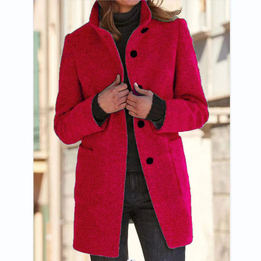 Fashionable wool coat with stand collar and pockets for women's fall/winter outerwear